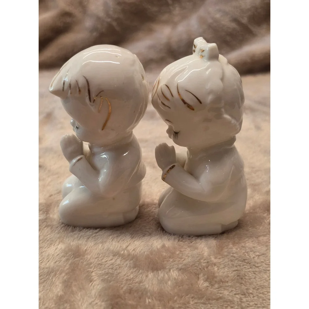 Vintage Praying Boy and Girl Salt and Pepper Shakers Ceramic Gold Gilt Japan